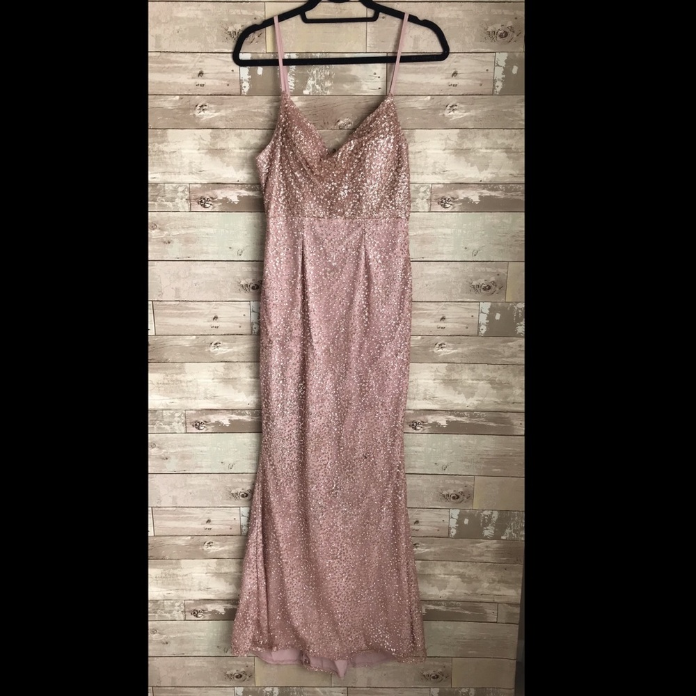 Rose gold sparkly cowl neck gown